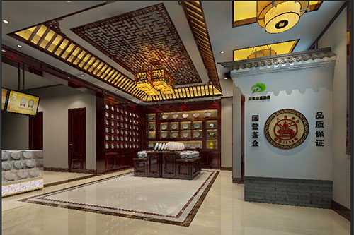 义乌古朴典雅的中式茶叶店大堂设计效果图