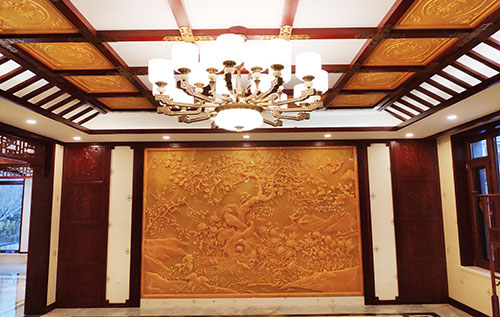 义乌中式别墅客厅中式木作横梁吊顶装饰展示